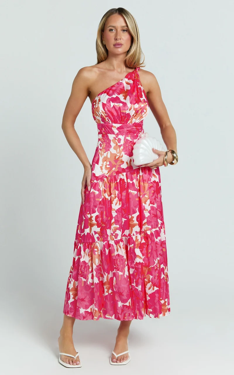 Georgine Midi Dress - One Shoulder Ruched Tiered Dress in Peony Blossom