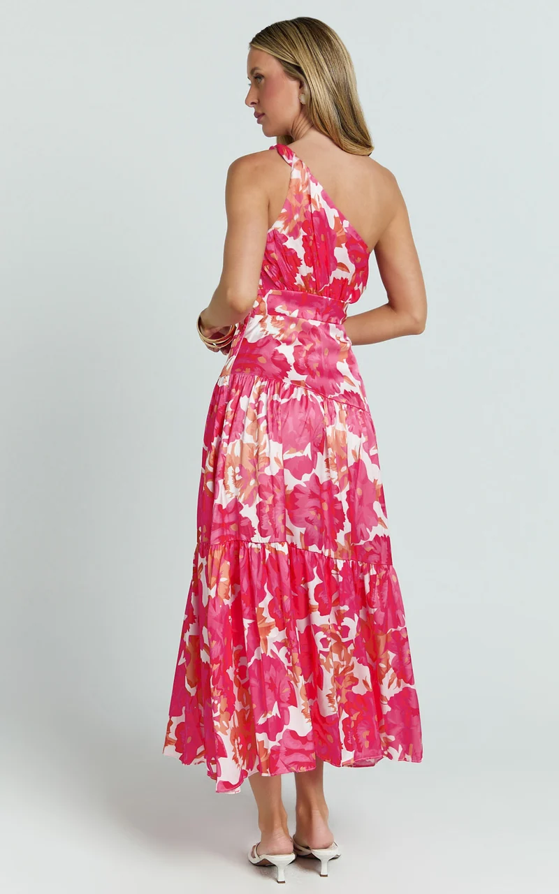 Georgine Midi Dress - One Shoulder Ruched Tiered Dress in Peony Blossom