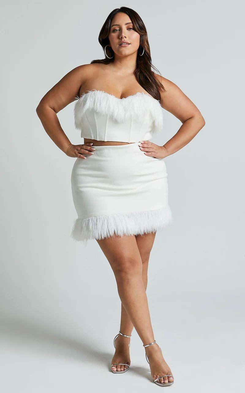 Rhaiza Mini Skirt - Faux Feather Trim High Waisted Skirt in White