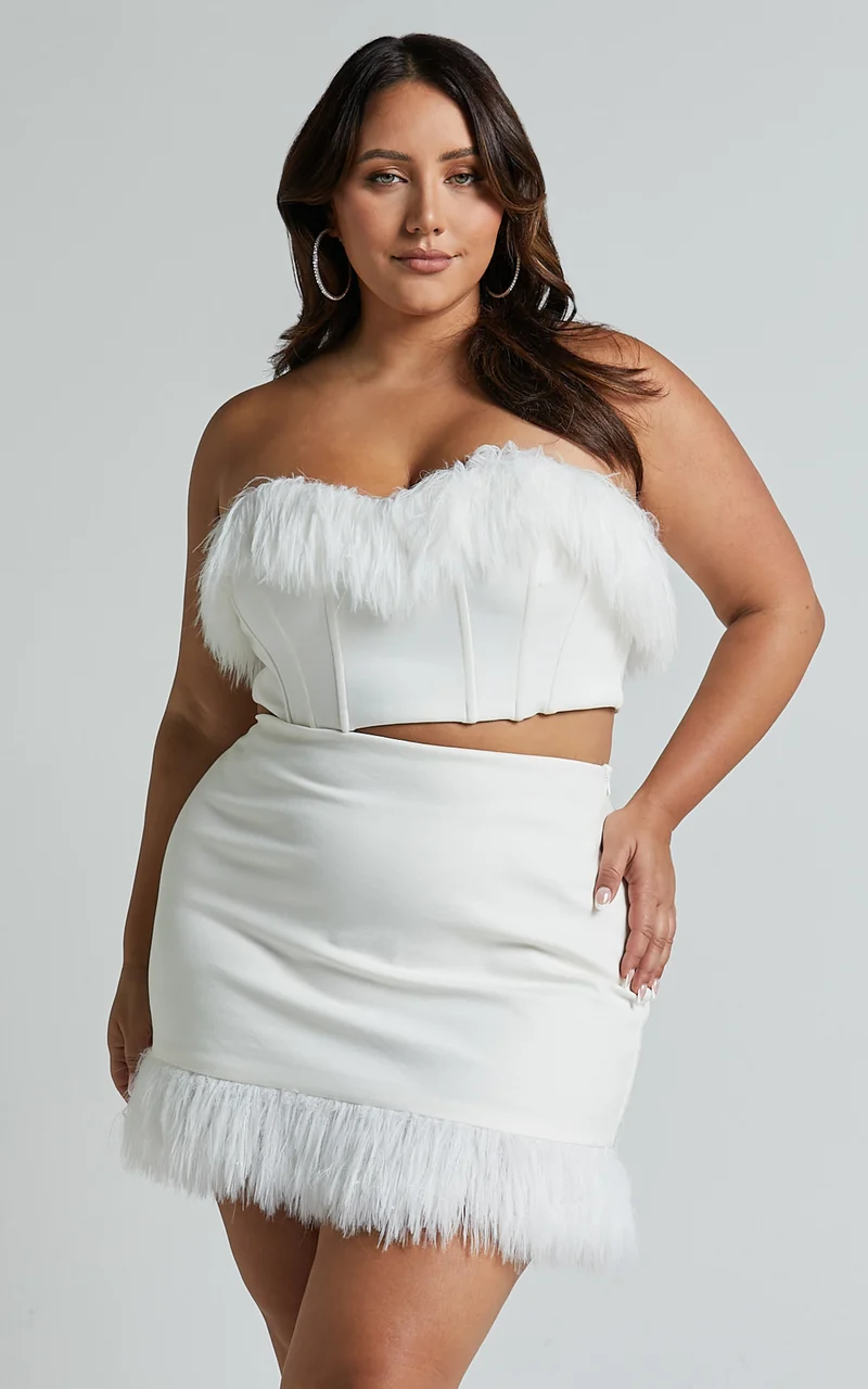 Rhaiza Mini Skirt - Faux Feather Trim High Waisted Skirt in White
