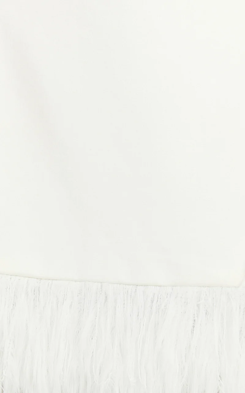 Rhaiza Mini Skirt - Faux Feather Trim High Waisted Skirt in White
