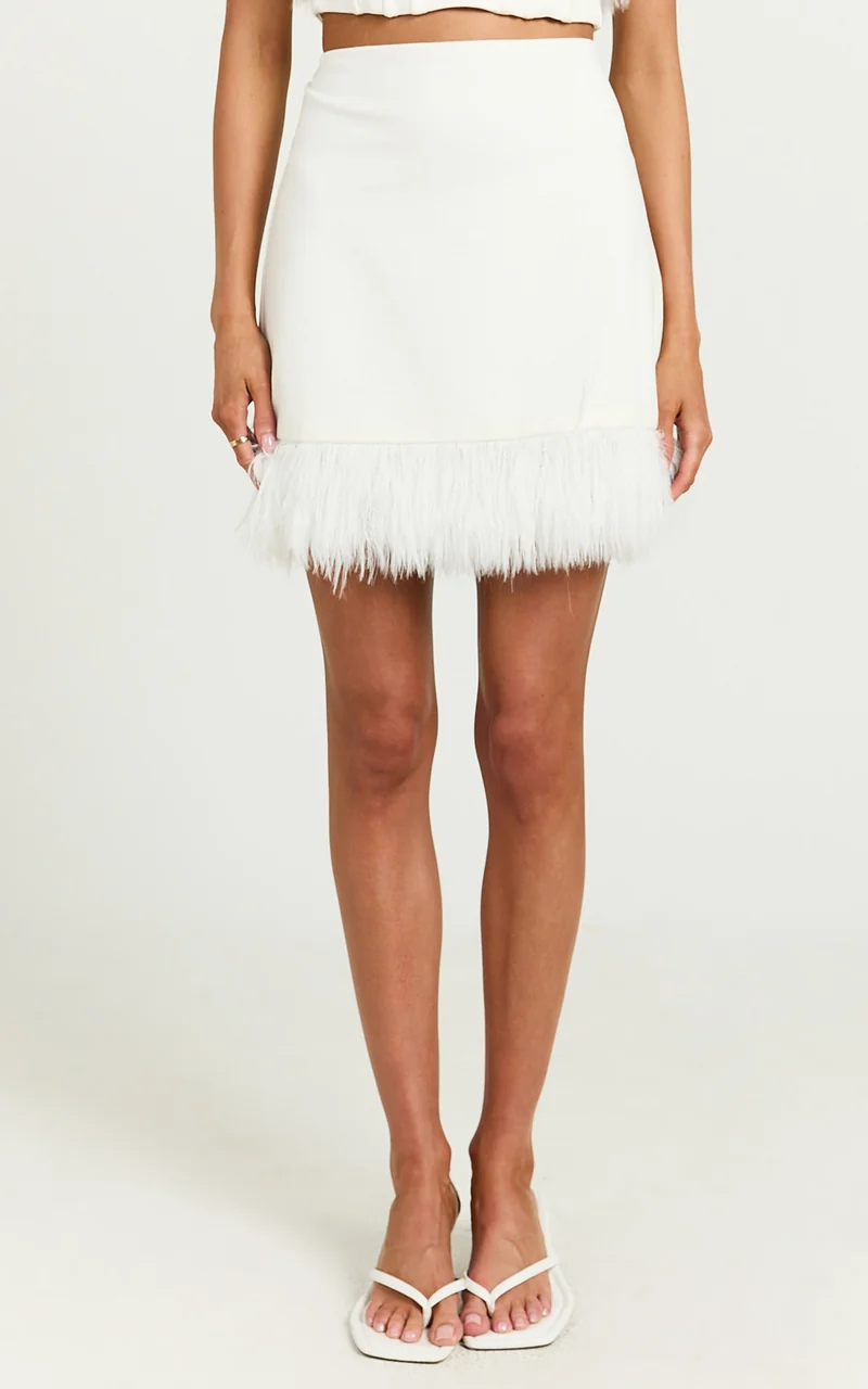 Rhaiza Mini Skirt - Faux Feather Trim High Waisted Skirt in White