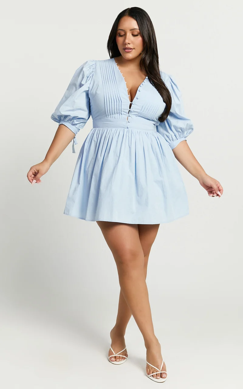 Zandra Mini Dress - Puff Sleeve Poplin Dress in Icy Blue