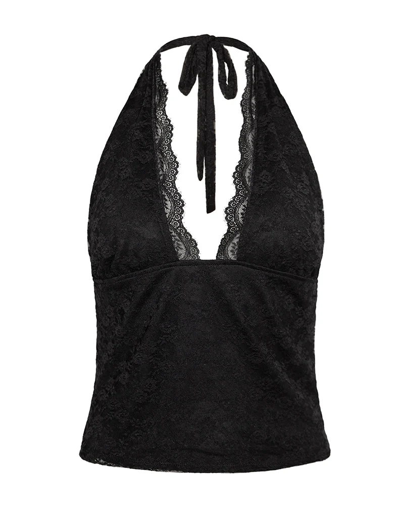 Matua Halterneck Top in Clover Lace Black (Top dos nu en dentelle de trèfle)