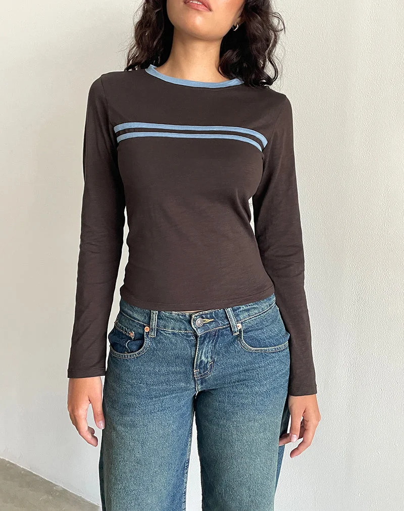 Bonjita Long Sleeve Top in Chocolate Brown with Ash Blue Two Stripe Binding (Top à manches longues en marron chocolaté avec un lien à deux rayures en bleu cendré)