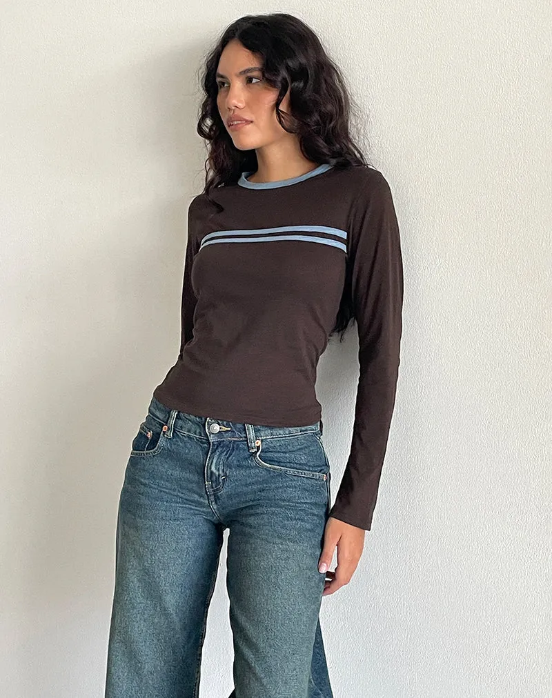 Bonjita Long Sleeve Top in Chocolate Brown with Ash Blue Two Stripe Binding (Top à manches longues en marron chocolaté avec un lien à deux rayures en bleu cendré)