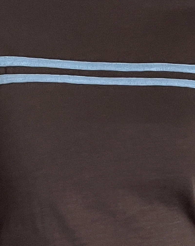 Bonjita Long Sleeve Top in Chocolate Brown with Ash Blue Two Stripe Binding (Top à manches longues en marron chocolaté avec un lien à deux rayures en bleu cendré)