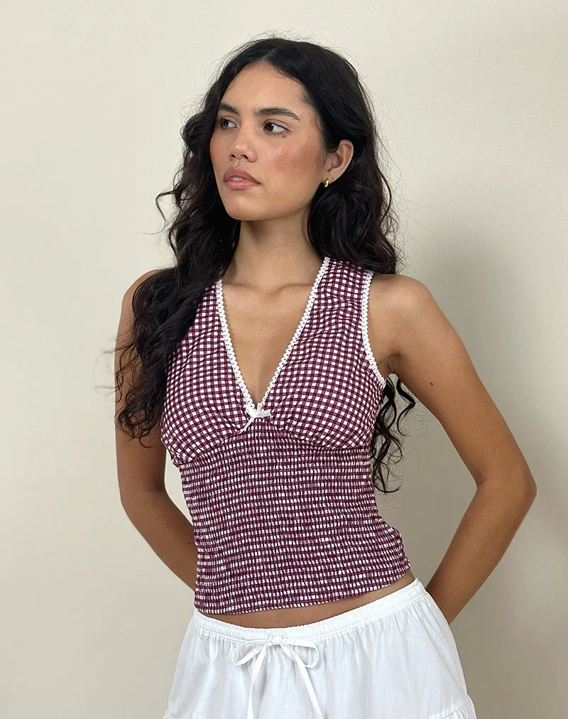 Hevalis Plunge Top in Mini Gingham Wine
