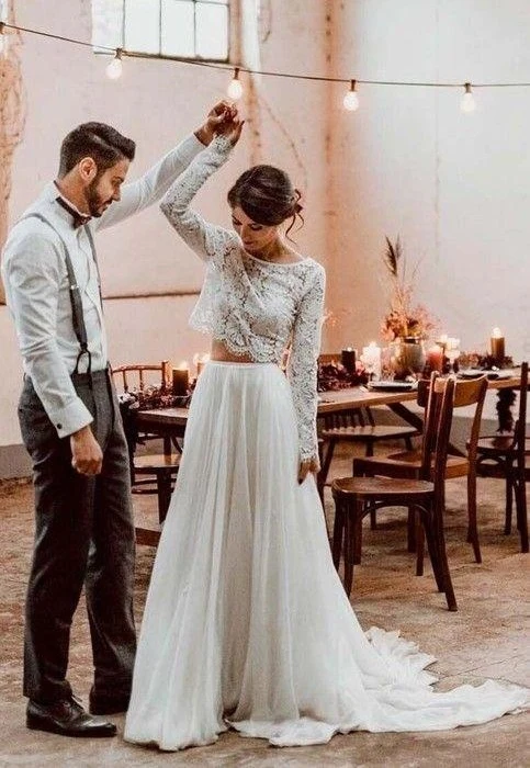 Style décontracté manches longues dentelle haut court Boho deux pièces robes de mariée