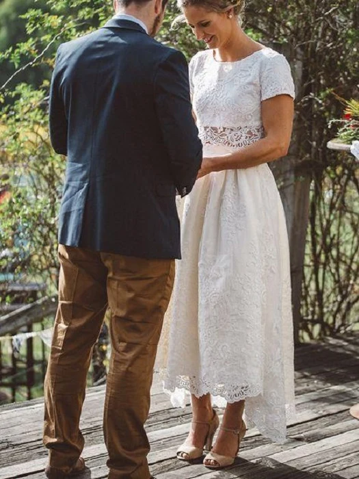 Robe de mariée bohème à manches courtes en dentelle deux pièces Hi-Lo Crop Top