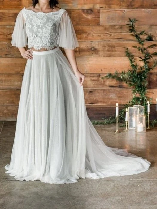 Robe de mariée deux pièces Boho rustique avec haut court et jupe en tulle
