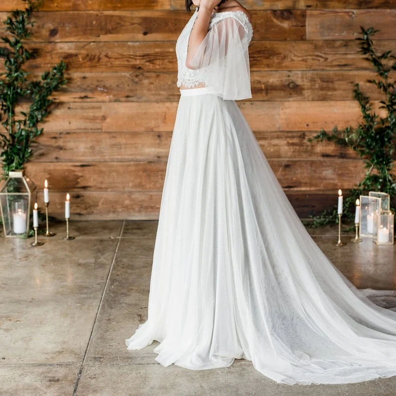 Robe de mariée deux pièces Boho rustique avec haut court et jupe en tulle