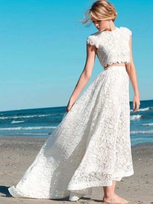 Élégante mancherons deux pièces haut court en dentelle Boho robe de mariée Hi-Lo