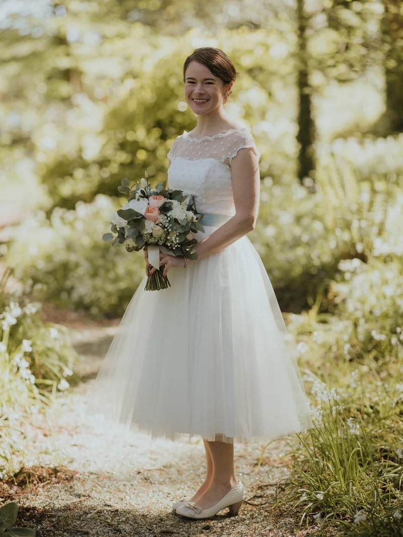 Robe de mariée courte à manches courtes, rétro, blanche, à pois, longueur thé, Vintage, robe de mariée à pois