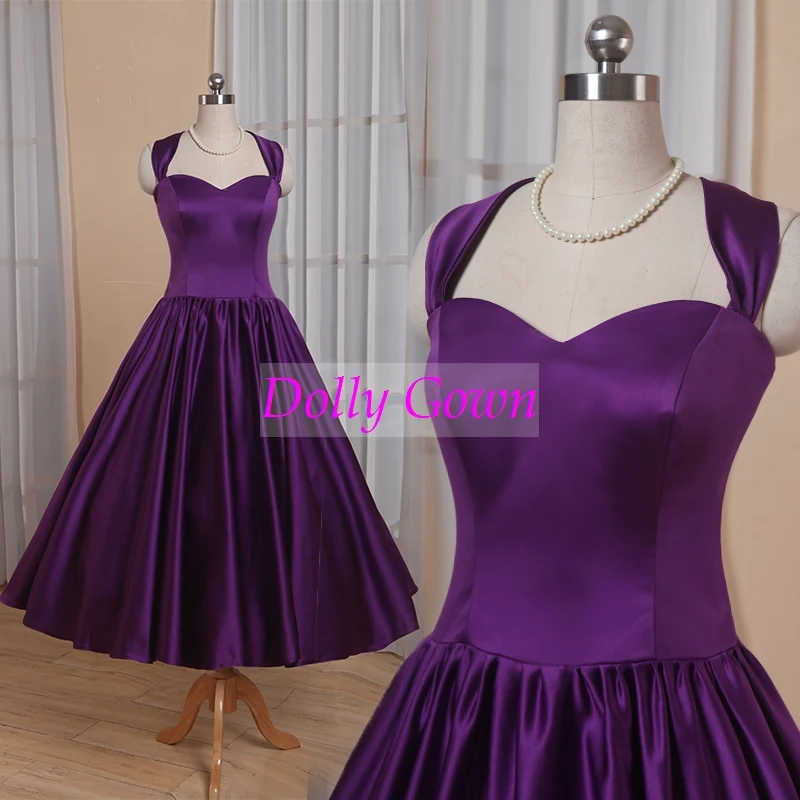 Robes de demoiselle d'honneur Vintage violet pays col licou longueur thé années 50