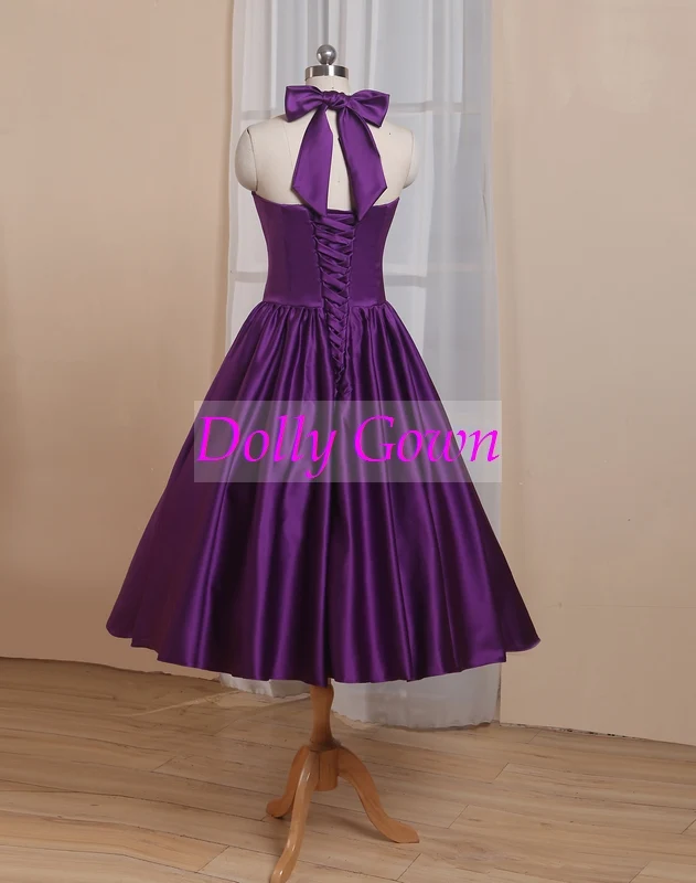Robes de demoiselle d'honneur Vintage violet pays col licou longueur thé années 50