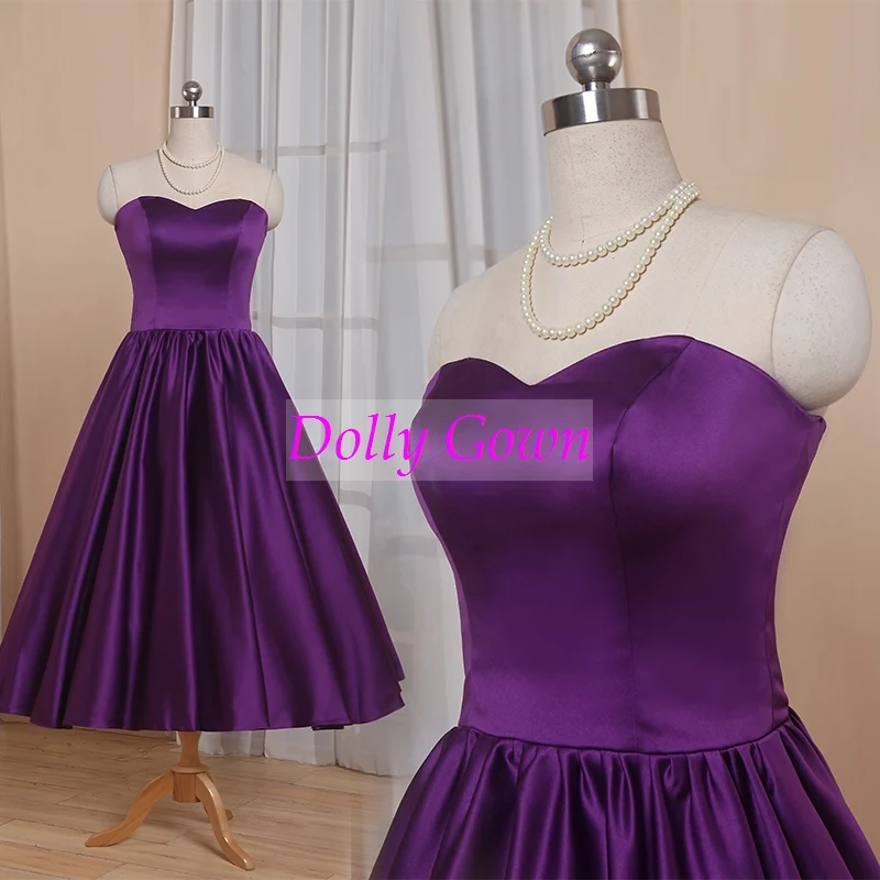 Violet chérie années 1950 longueur de thé style campagnard robes de demoiselle d'honneur vintage