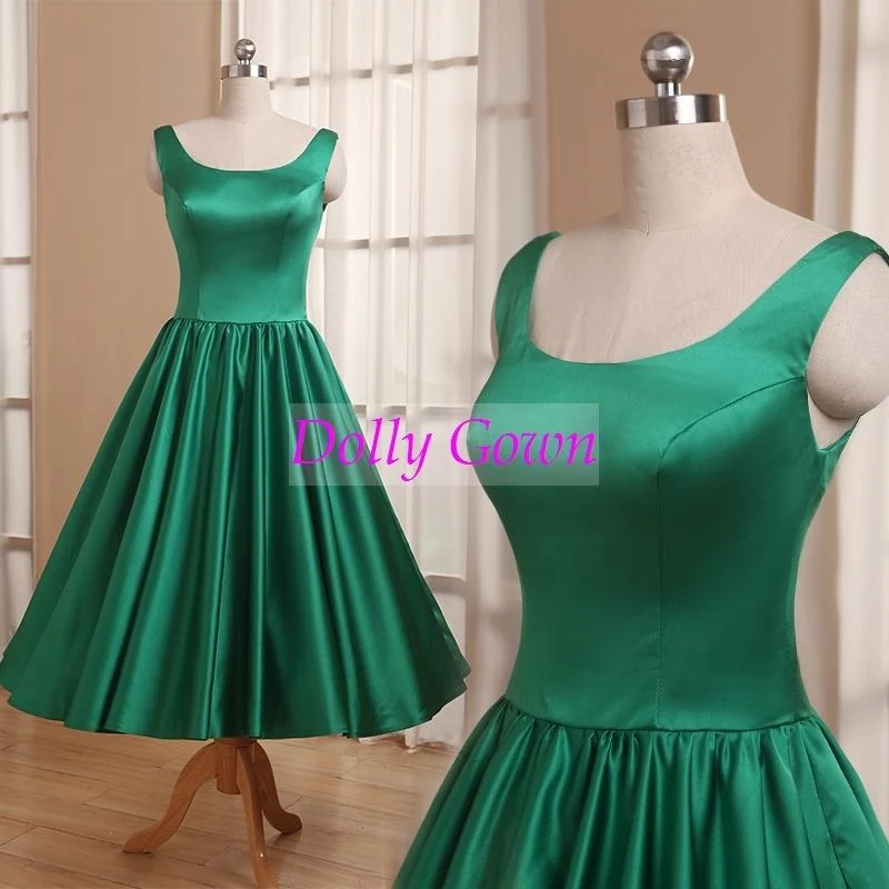 Robe de demoiselle d'honneur style années 50, col rond, vert émeraude, longueur thé, moins de 100 $