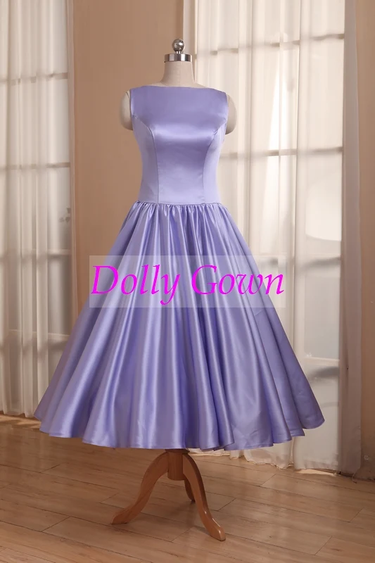 Robes de demoiselle d'honneur en satin longueur thé lavande, col bateau, vintage country