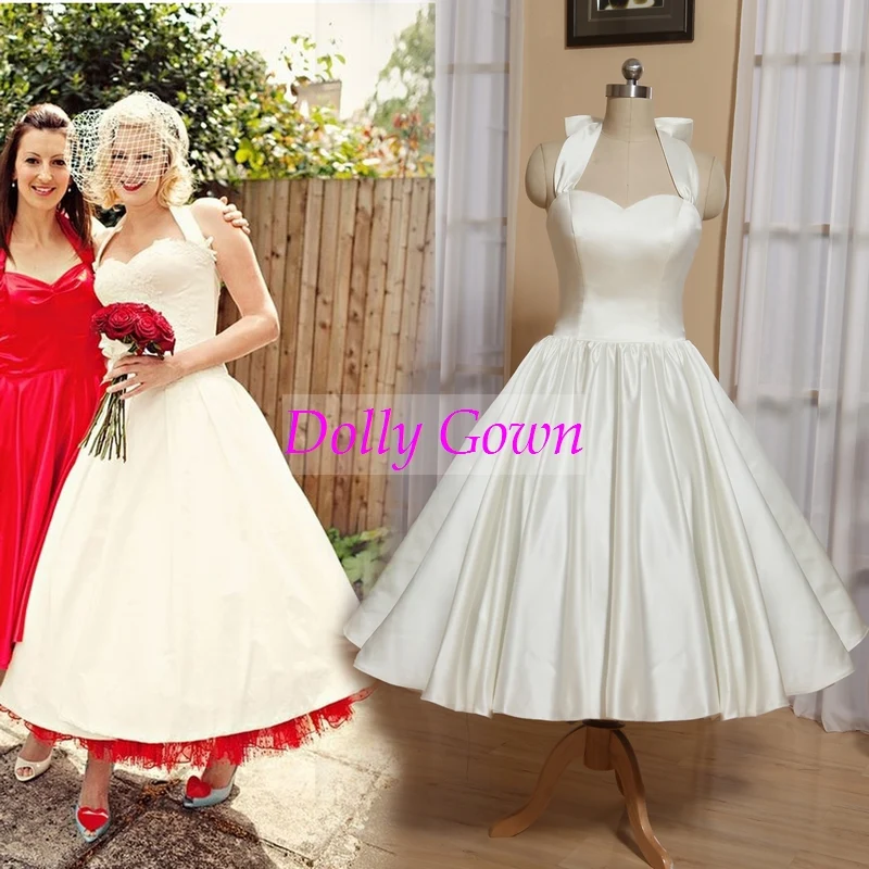 Robe de mariée longueur thé Rockabilly à col licou | Robe de mariée pin-up des années 1950