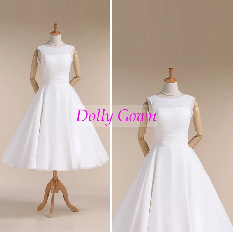 Robe de mariée longueur thé style vintage à col bijou des années 50 pour les mariées plus âgées de plus de 40 ans