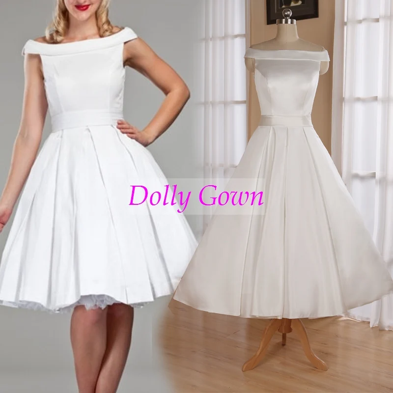Robe de mariée simple de style vintage des années 1950, épaules dénudées, longueur thé, avec plis creux, ligne d'attente