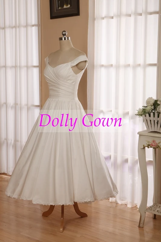 Robe de mariée en coton à épaules dénudées, inspirée des années 1950, longueur thé, avec ourlet en dentelle