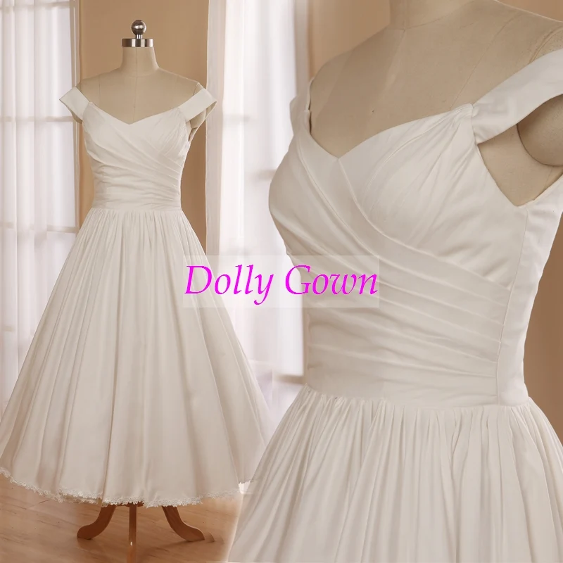 Robe de mariée en coton à épaules dénudées, inspirée des années 1950, longueur thé, avec ourlet en dentelle