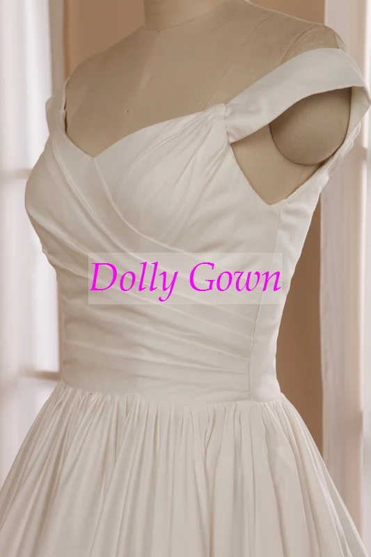 Robe de mariée en coton à épaules dénudées, inspirée des années 1950, longueur thé, avec ourlet en dentelle