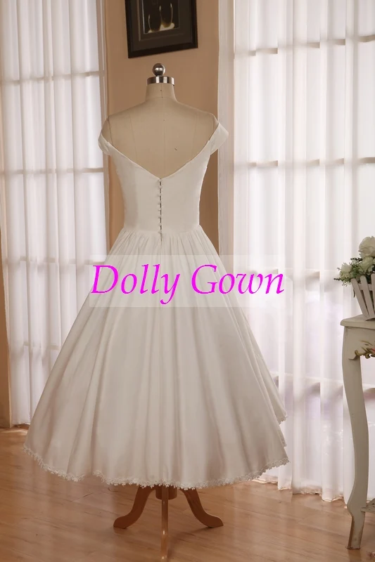 Robe de mariée en coton à épaules dénudées, inspirée des années 1950, longueur thé, avec ourlet en dentelle