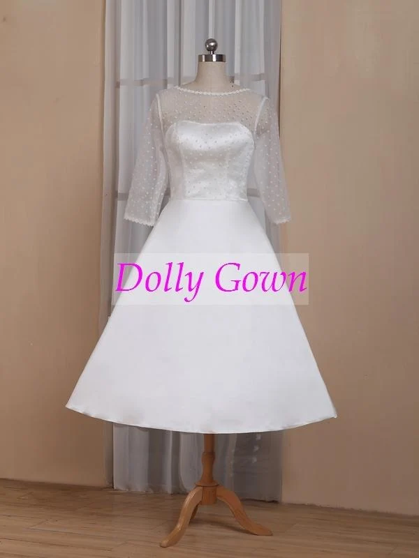 Robe de mariée trapèze Pinup Rockabilly à pois, col bateau, longueur thé, années 50, avec manches