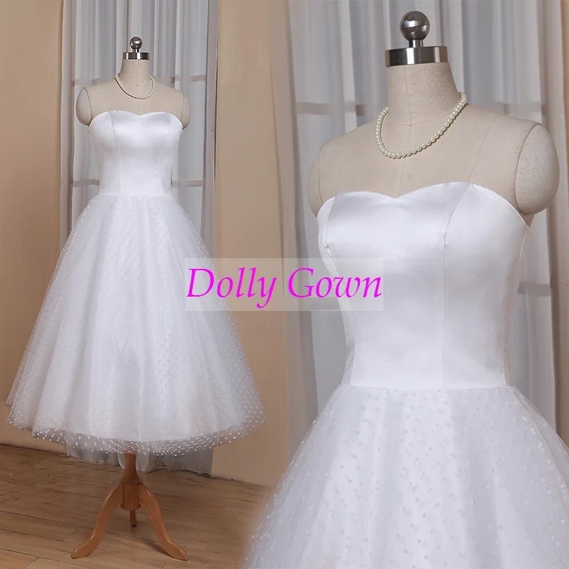 Années 1950 Pin Up Rockabilly Polka Dots Bustier Thé Longueur Robes de Mariée avec Manches