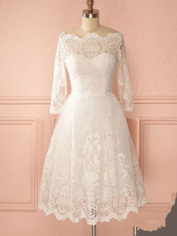 Robe de mariée courte vintage rétro des années 50 en dentelle avec épaules dénudées et manches longues