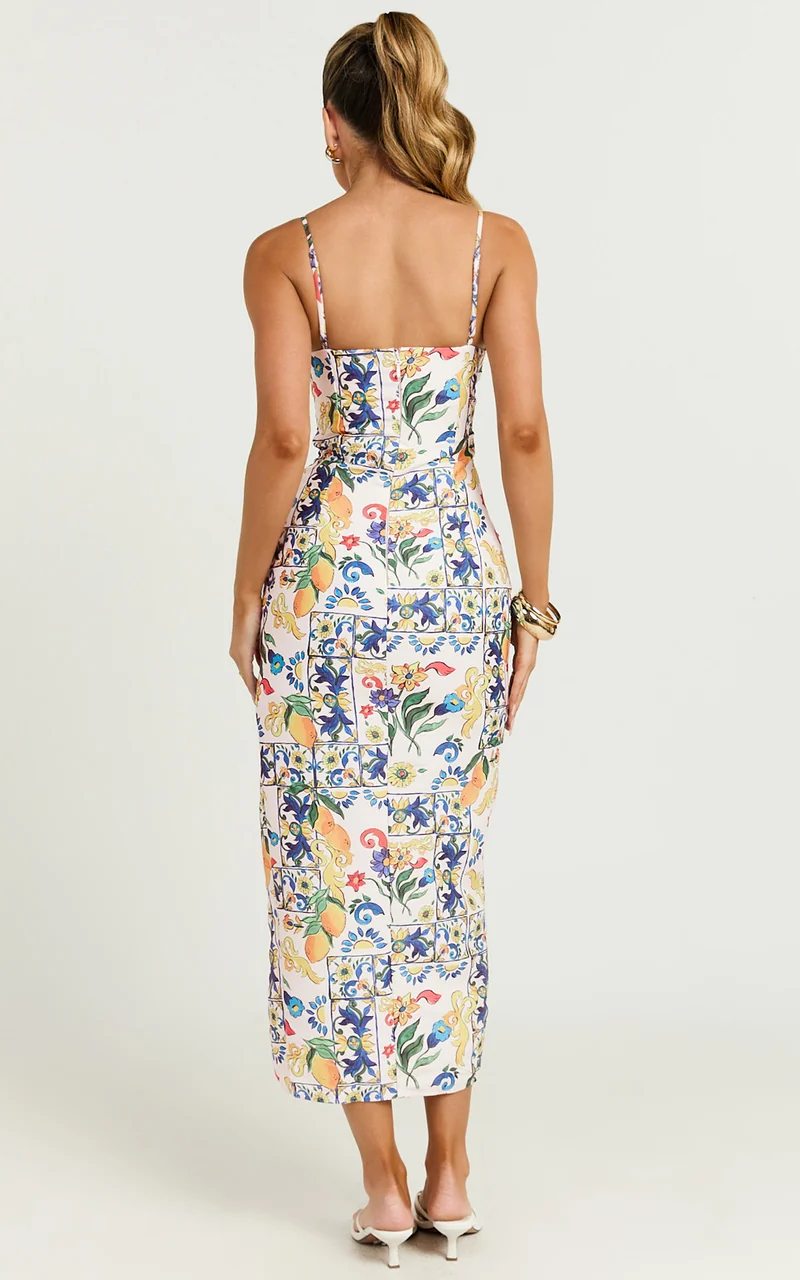 Janice Midi Dress - Knot Detail Front Split Dress in Positano Print