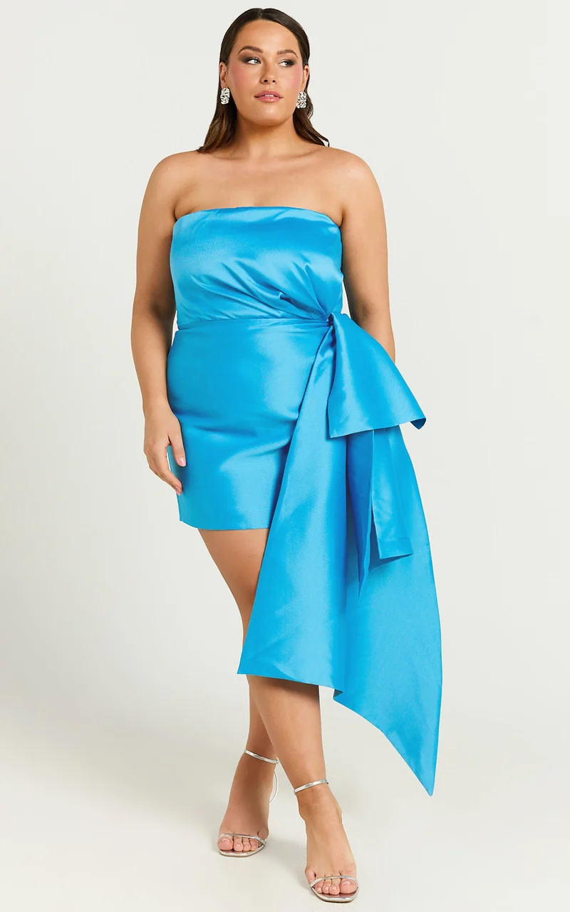 Jayce Mini Dress - Strapless Drape Dress in Blue