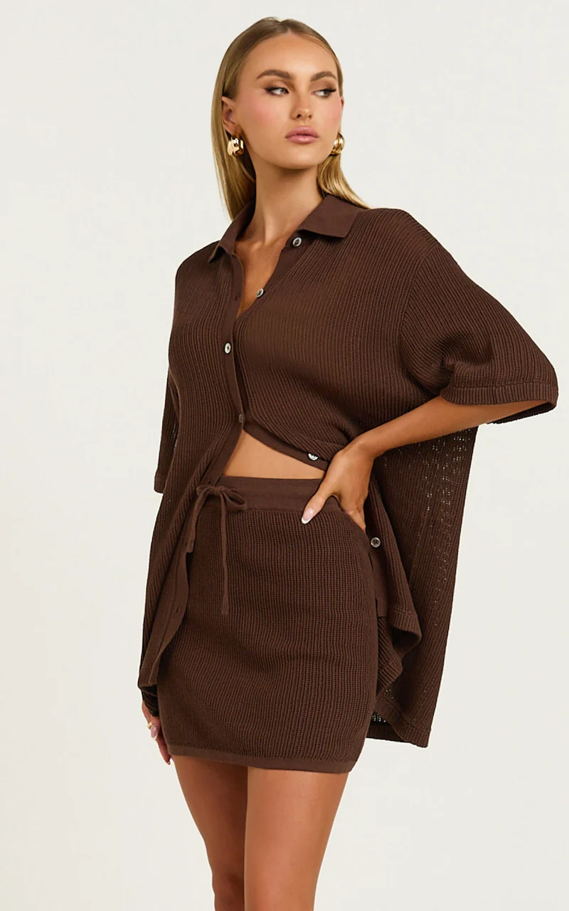 Tristan Mini Skirt - Crochet Knit Drawstring Skirt in Chocolate