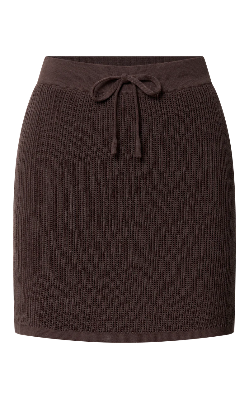 Tristan Mini Skirt - Crochet Knit Drawstring Skirt in Chocolate