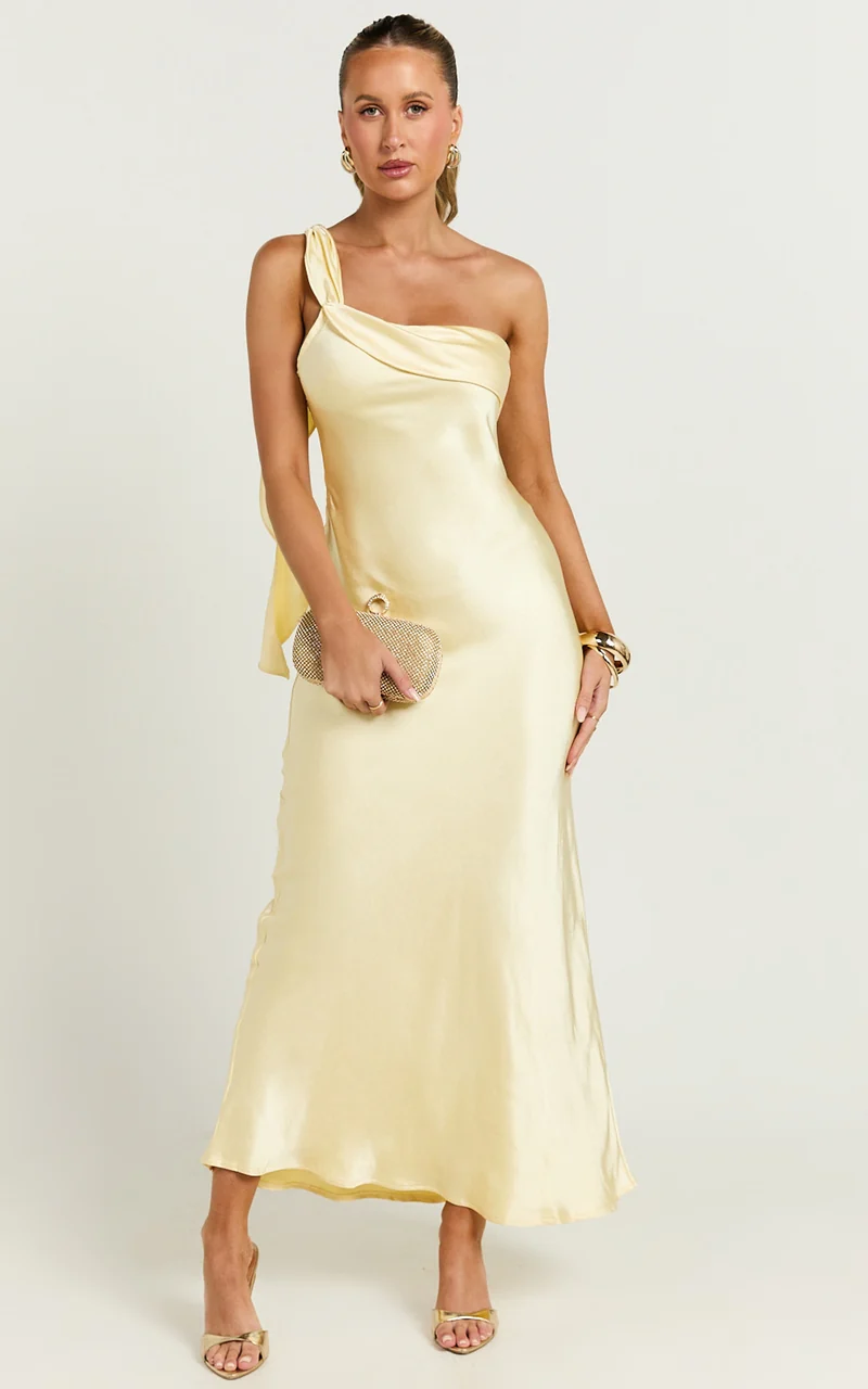 Calix Midi Dress - One Shoulder Slip Dress in Butter