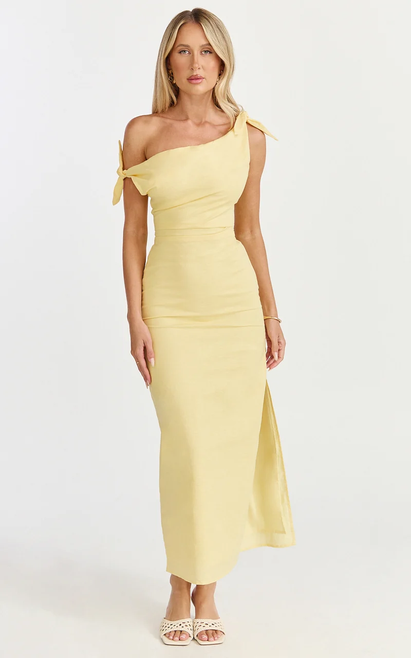 Cincinnati Midi Dress - Off The Shoulder Side Split Column Linen Dress in Lemon