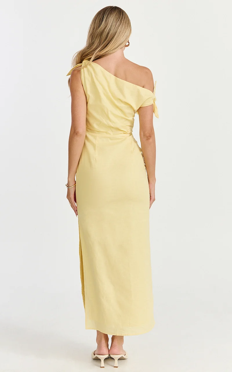 Cincinnati Midi Dress - Off The Shoulder Side Split Column Linen Dress in Lemon