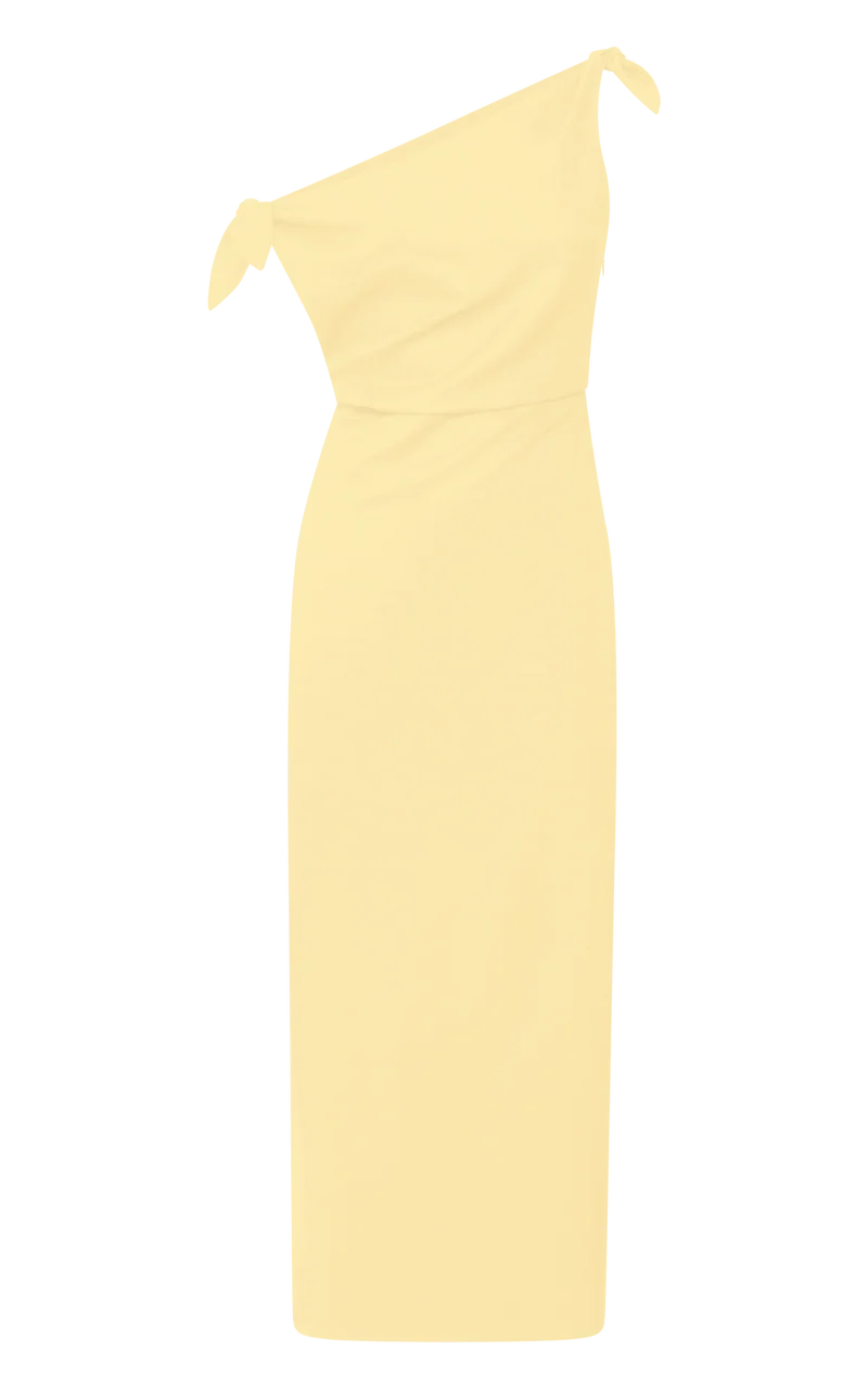 Cincinnati Midi Dress - Off The Shoulder Side Split Column Linen Dress in Lemon