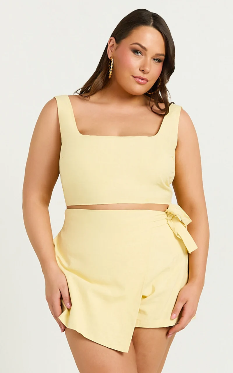 Polina Two Piece Set - Linen Square Neck Crop Top and Tie Waist Skort Set in Lemon