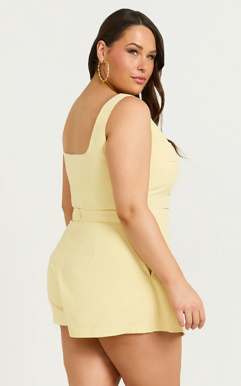 Polina Two Piece Set - Linen Square Neck Crop Top and Tie Waist Skort Set in Lemon