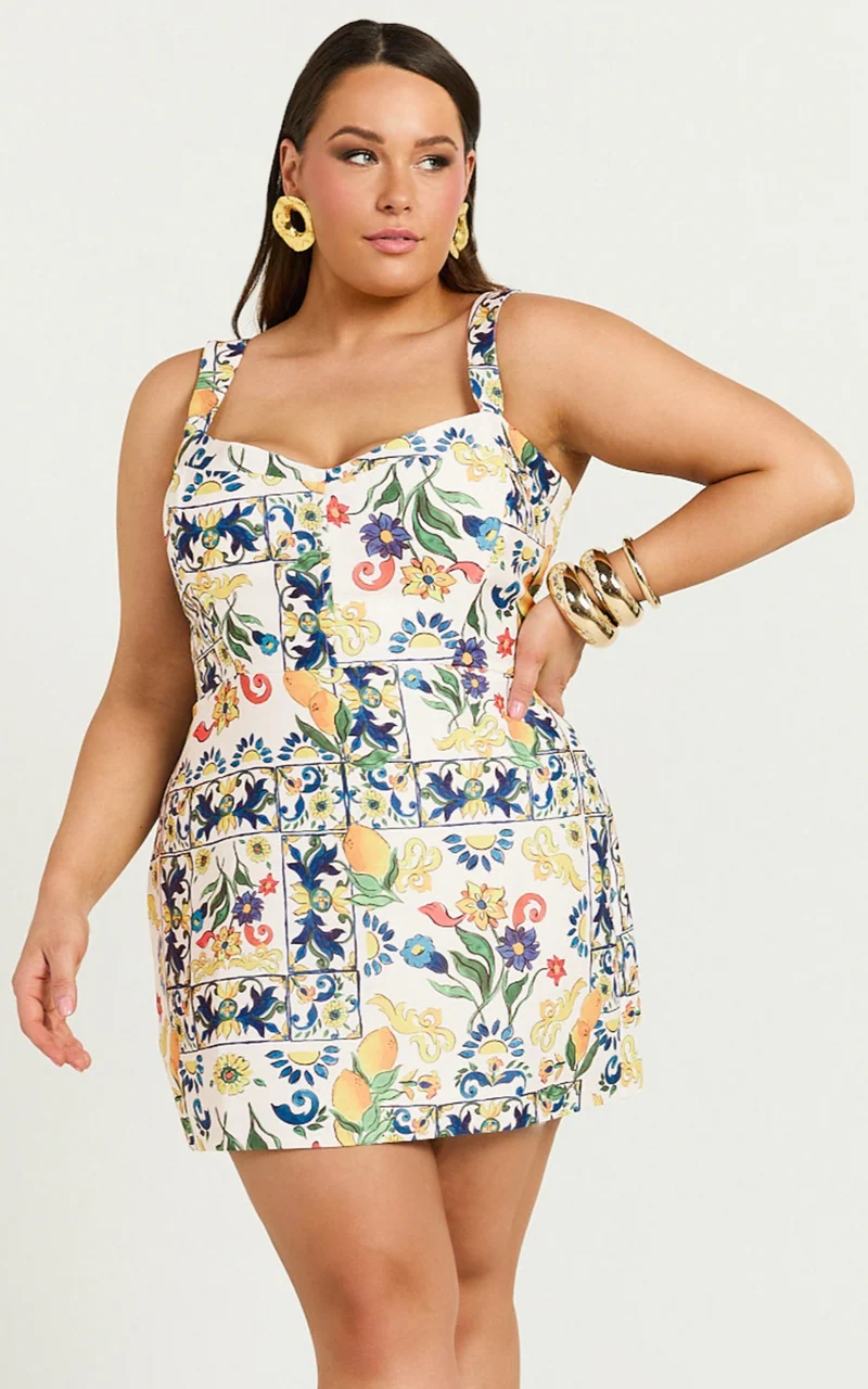 Janice Mini Dress - Square Neckline Dress in Positano Print