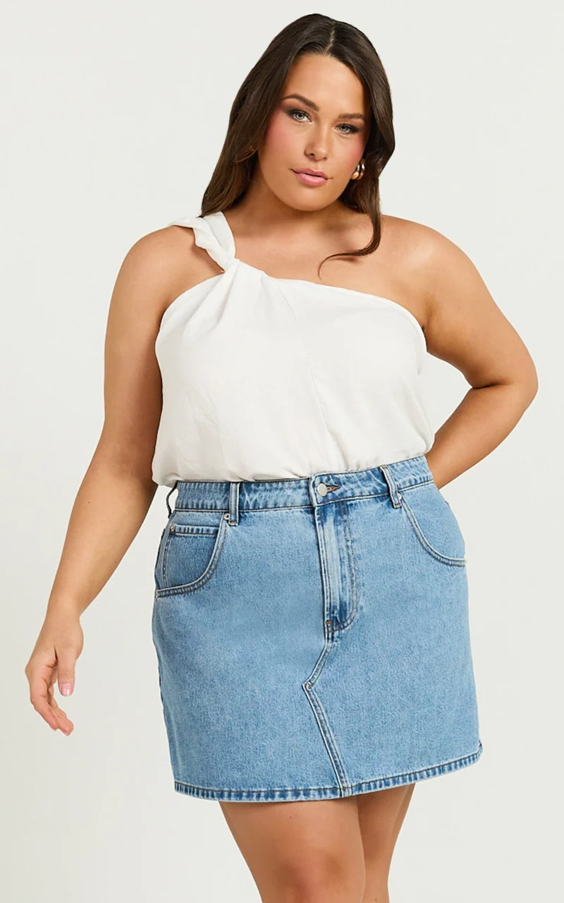 Jaden Mini Skirt - High Waisted Recycled Denim Mini Skirt in Mid Blue Wash