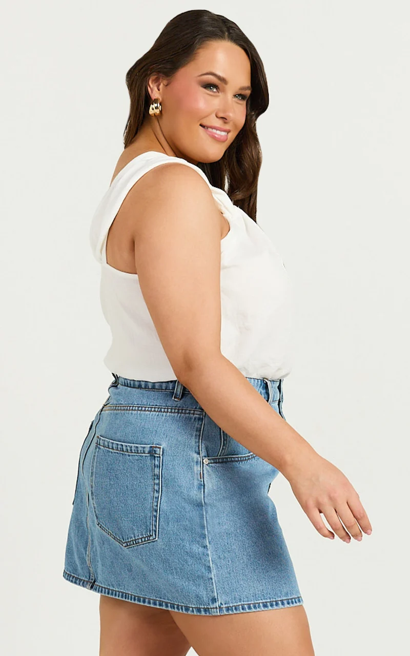 Jaden Mini Skirt - High Waisted Recycled Denim Mini Skirt in Mid Blue Wash