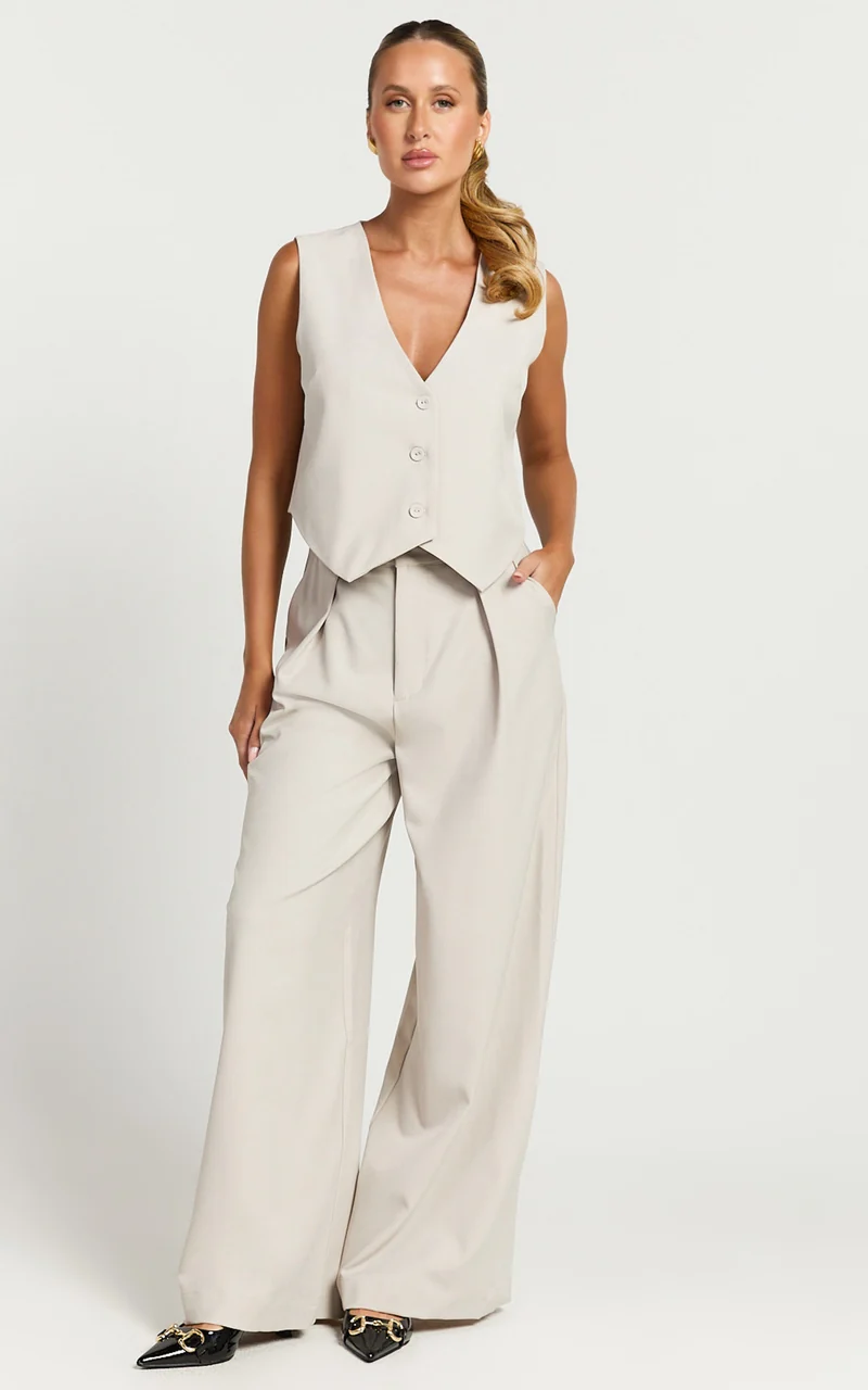Melinda Top - Recycled Tailored Button Through Vest Top in Stone