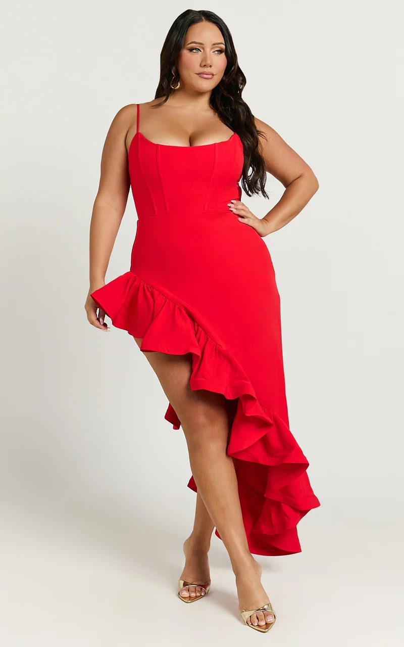 Maura Maxi Dress - Scoop Neckline Ruffle High Low Dress in Red