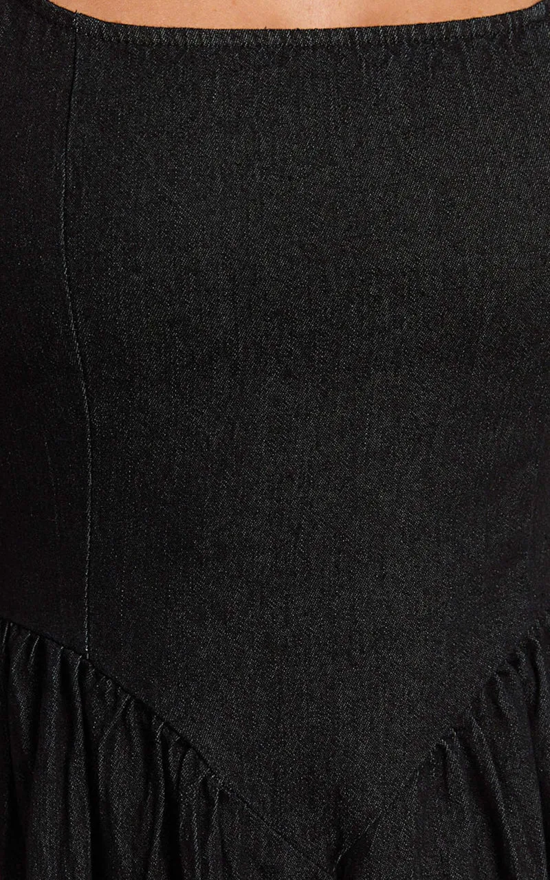 Rhaziya Midi Dress - Sleeveless Straight Neck Fit and Flare Dress in Black