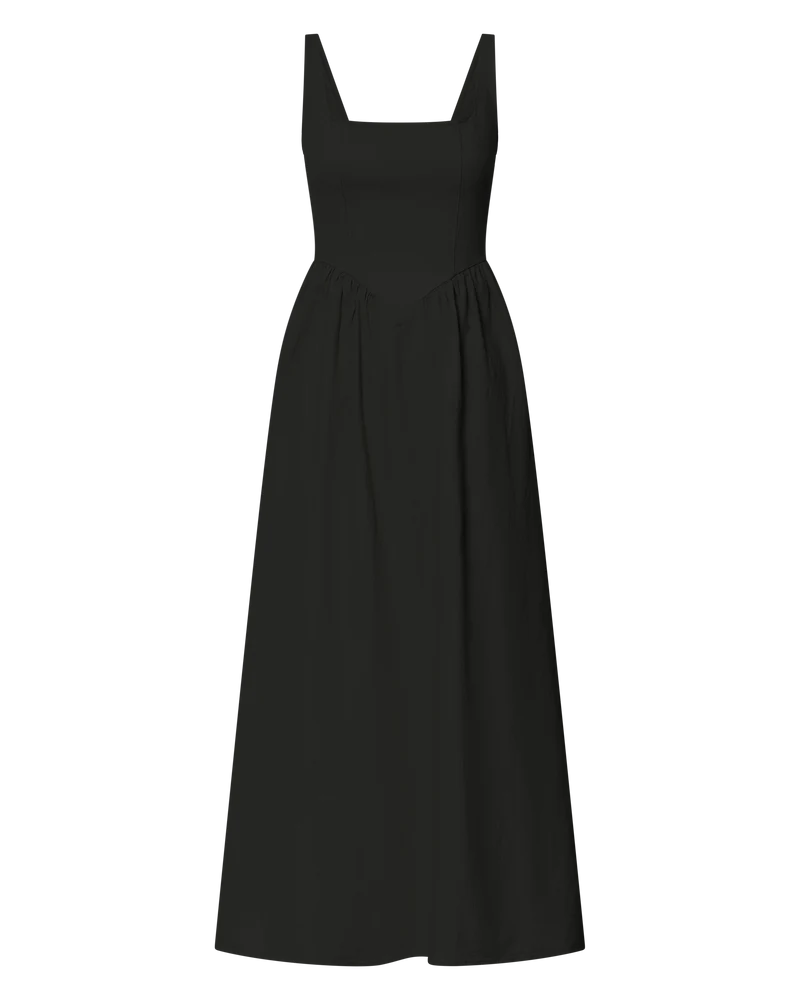Rhaziya Midi Dress - Sleeveless Straight Neck Fit and Flare Dress in Black